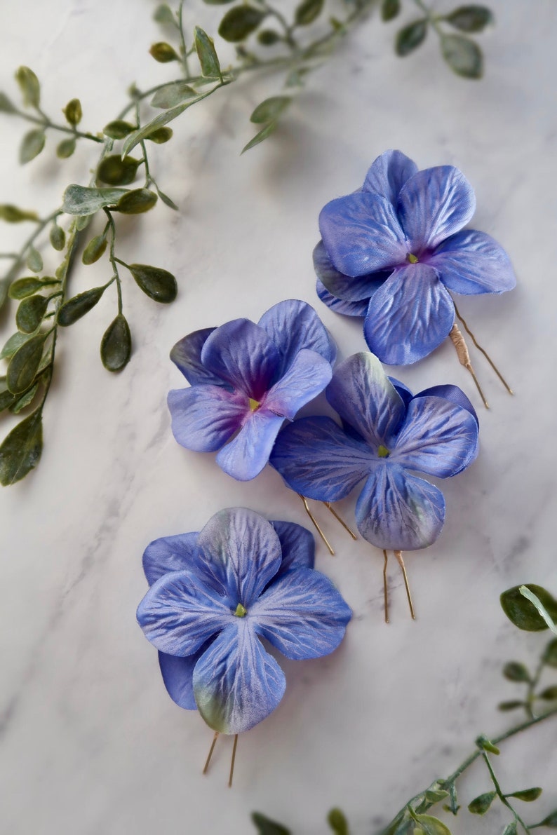 Sapphire blue floral hair pins, vibrant flower clips, hydrangea hair pin set, bridesmaids hair clips, bright blue bridal hair flowers image 1