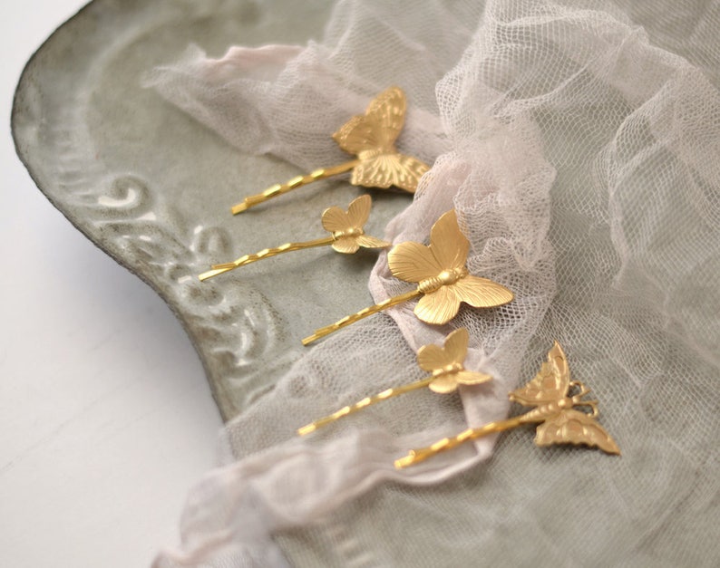 Butterfly bobby pins, golden hair pins, gilded hair clips, butterfly clip set, gold adornments, bridal hair clips, wedding hair clip set image 2