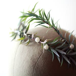 Rosemary and pearl crown, wedding hair wreath, leaf bridal headpiece, pearl tiara, rustic wedding crown, bridal headband by gardensofwhimsy image 6