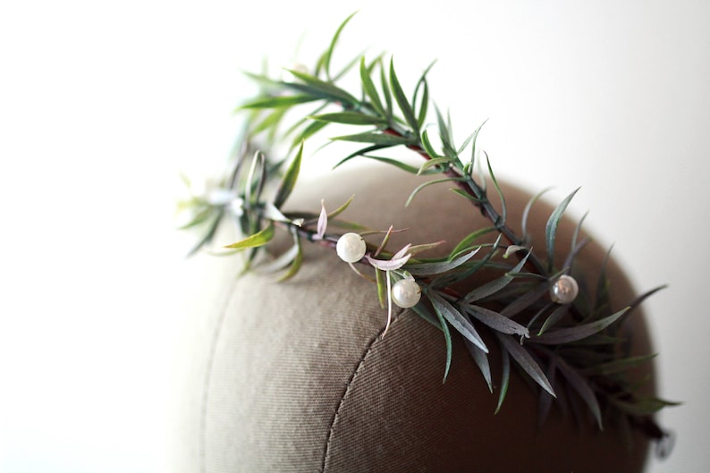 Rosemary and pearl crown, wedding hair wreath, leaf bridal headpiece, pearl tiara, rustic wedding crown, bridal headband by gardensofwhimsy image 6