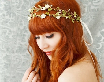 Boho bridal headpiece, ivory flower crown, floral crown, woodland hair wreath, rustic wedding hair accessories - Bohemia