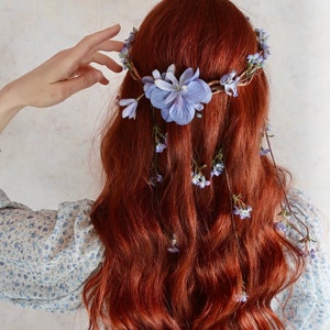 Blue wedding headpiece, wildflower hair wreath, hair vine crown, floral circlet, medieval crown, delicate bridal headpiece, whimsical bride