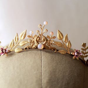 Gold diadem, vintage bridal crown, Opal bridal headpiece, Laurel leaf tiara, blush boho wedding crown, goddess headband, golden bridal tiara image 4