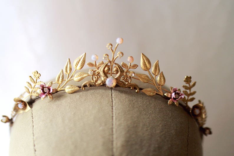 Gold diadem, vintage bridal crown, Opal bridal headpiece, Laurel leaf tiara, blush boho wedding crown, goddess headband, golden bridal tiara image 4