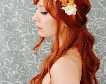 Butterfly floral crown, white flower headband, whimsical wedding head piece, hair accessory - Monarch