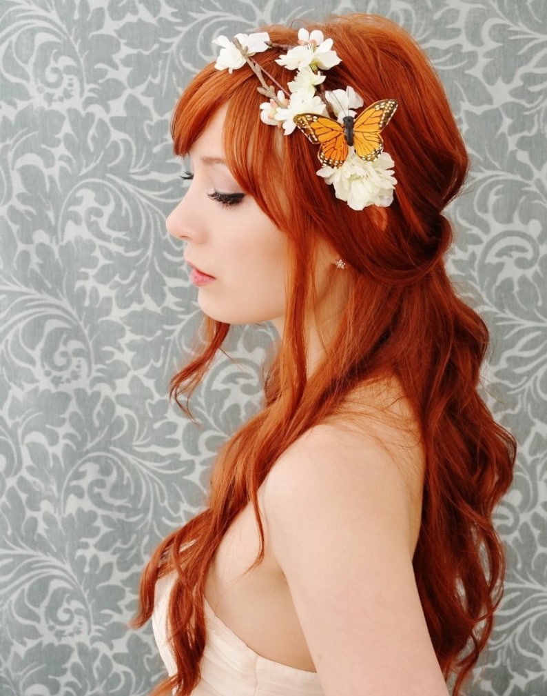 Butterfly floral crown, white flower headband, whimsical wedding head piece, hair accessory Monarch image 1