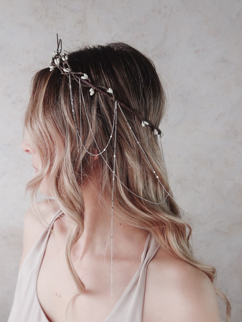 Arwen bridal vine crown, elven circlet, silver branch crown, medieval headdress, wedding hair wreath, twig headpiece, dainty fairy hairpiece image 1