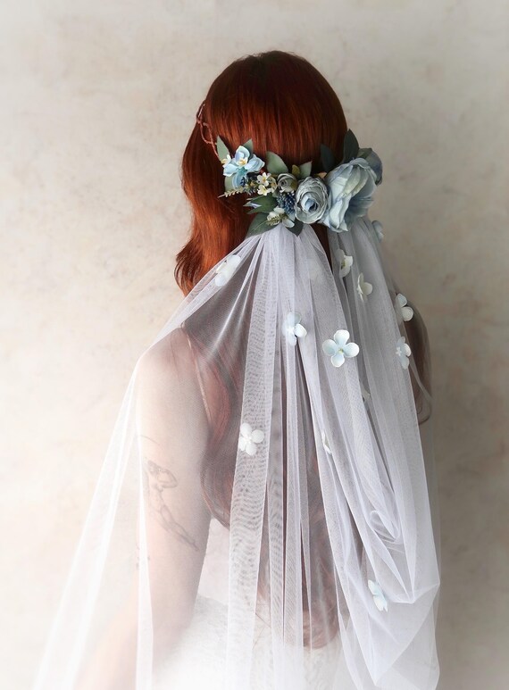 Bridal Flower Crown Veil, Blue Floral Veil, Cathedral Length Veil