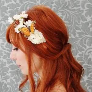 Butterfly floral crown, white flower headband, whimsical wedding head piece, hair accessory Monarch image 3