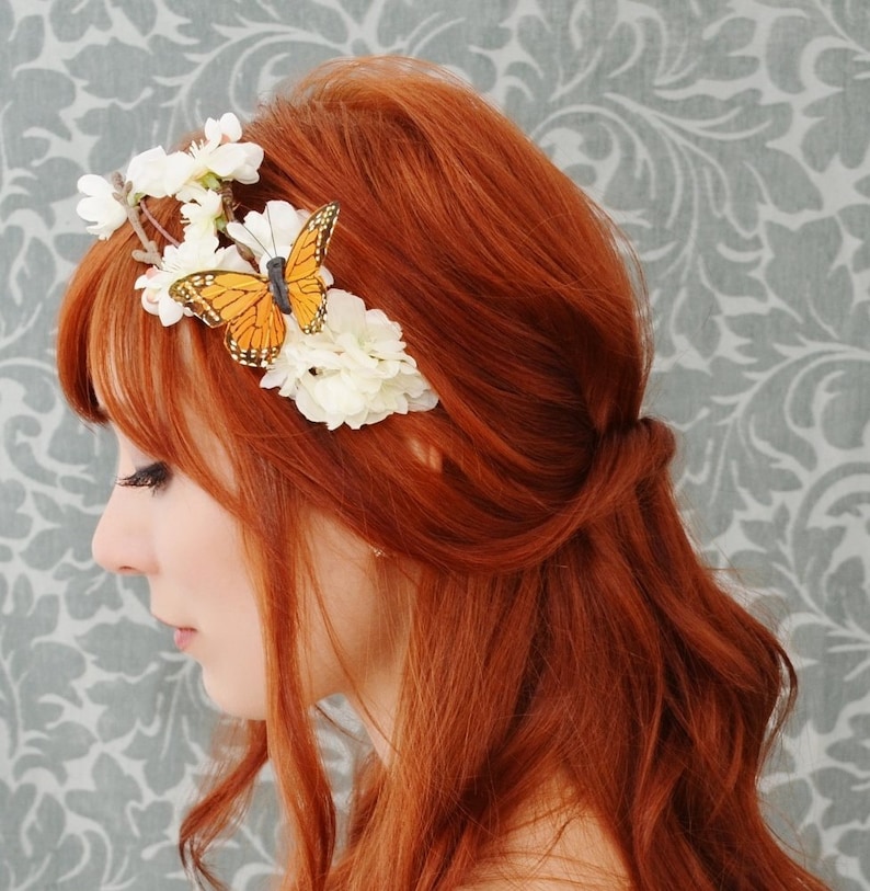 Butterfly floral crown, white flower headband, whimsical wedding head piece, hair accessory Monarch image 3