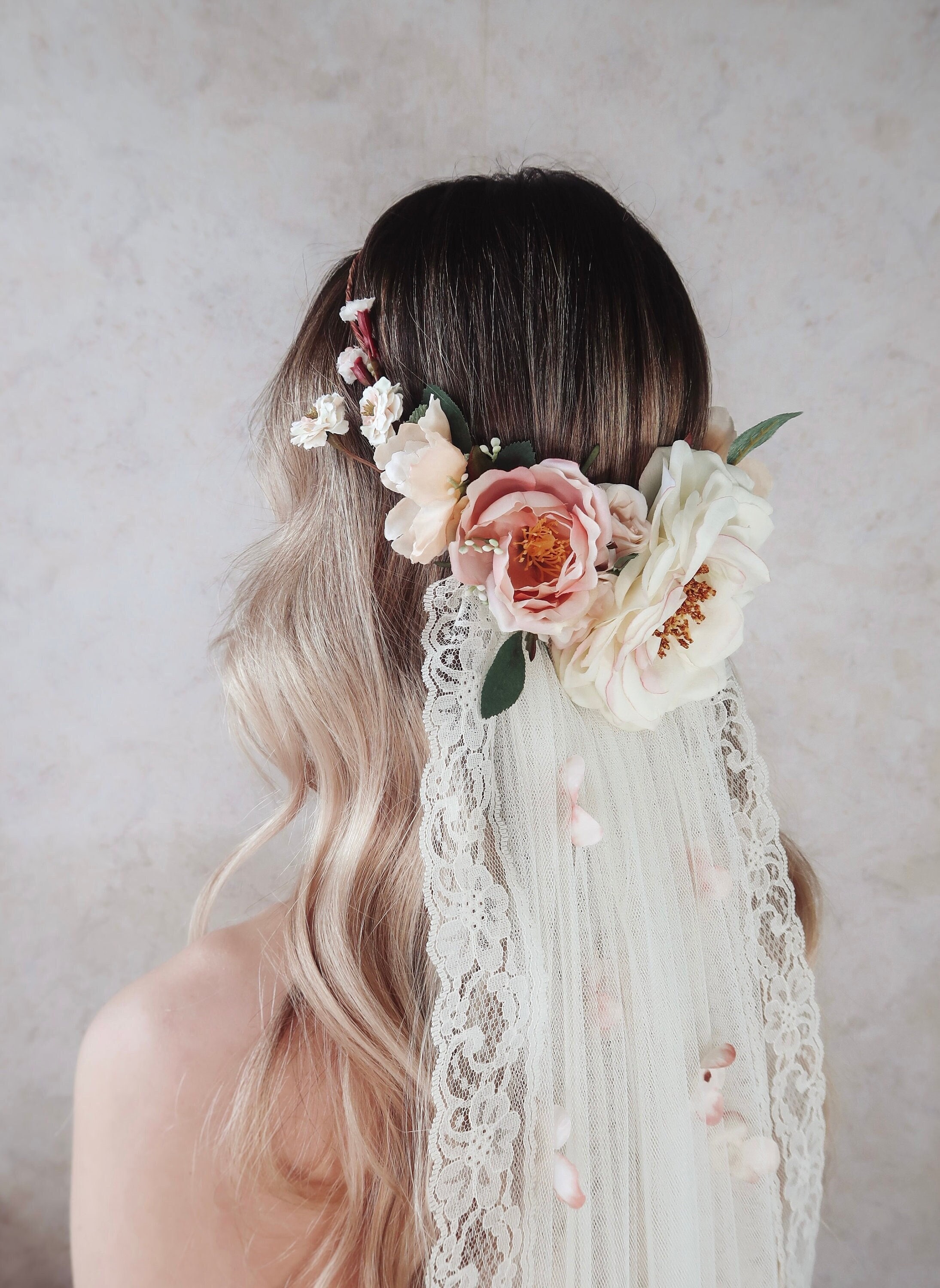 Flower Crown Veil Lace Wedding Veil With Flowers Ivory Wedding Veil Woodland Wedding Headpiece Floral Crown Cathedral Veil Boho Bride Etsy UK
