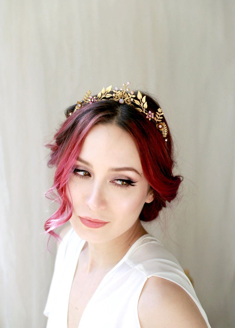 Gold diadem, vintage bridal crown, Opal bridal headpiece, Laurel leaf tiara, blush boho wedding crown, goddess headband, golden bridal tiara image 7