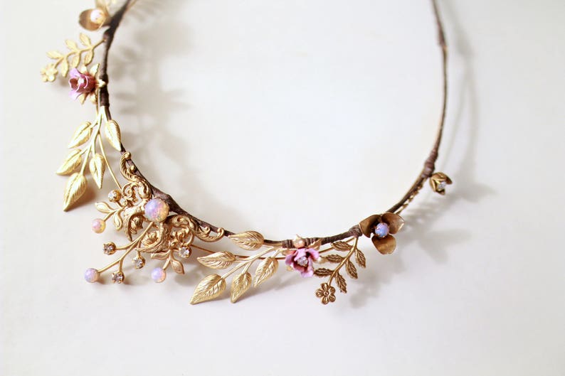 Gold diadem, vintage bridal crown, Opal bridal headpiece, Laurel leaf tiara, blush boho wedding crown, goddess headband, golden bridal tiara image 6