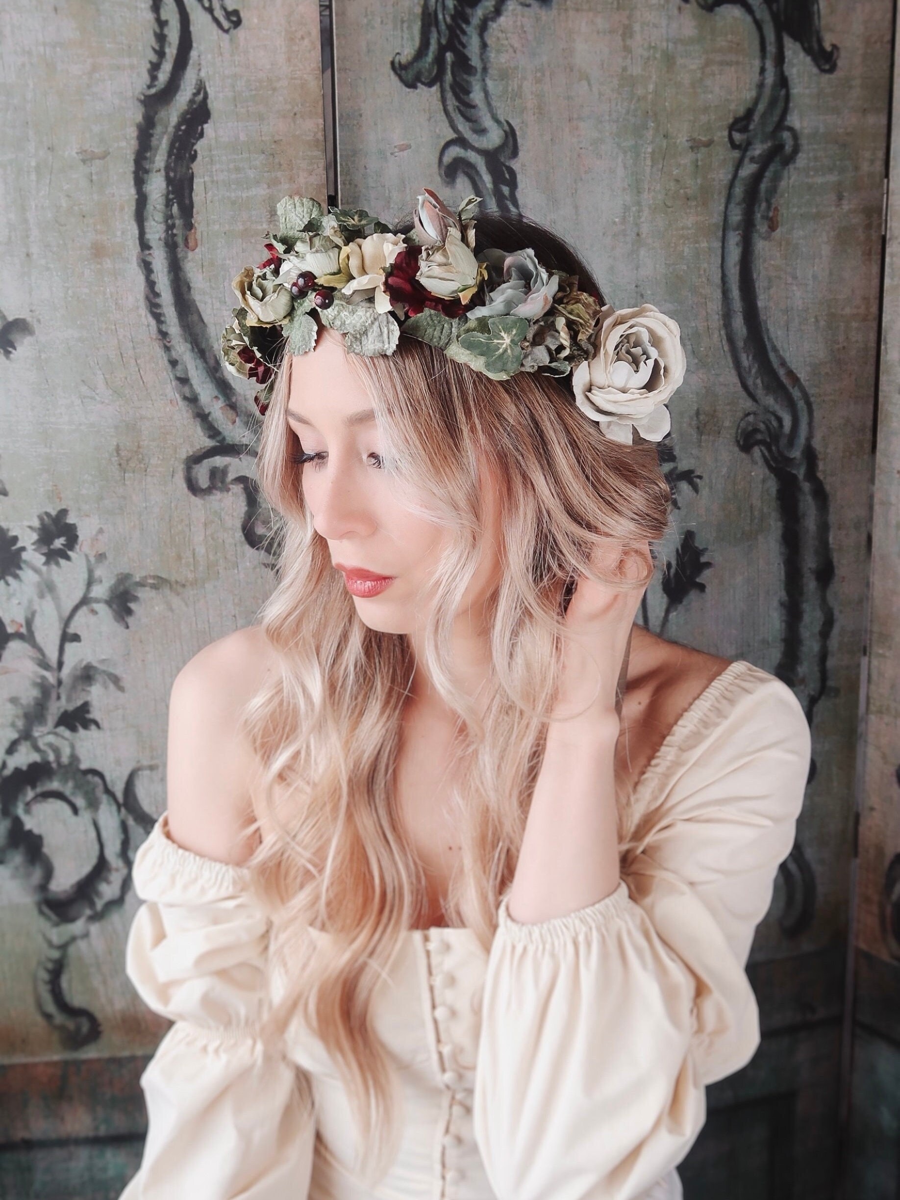 Woodland headpiece, rustic rose flower crown, green and burgundy headpiece, forest wedding floral hair piece, renaissance hair accessories