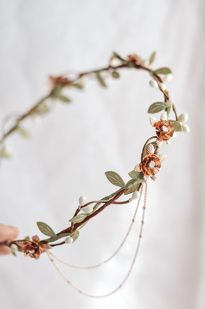 Rose gold flower crown, rose pip vine circlet, whimsical bridal crown, rhinestone headpiece, metallic hair jewelry, woodland wedding halo image 3