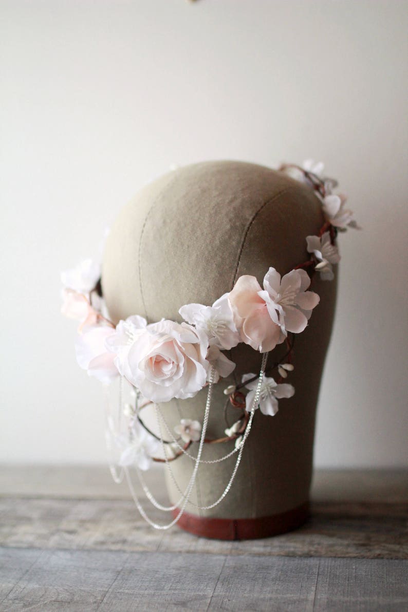 Bridal vine crown, White flower crown, Blush floral circlet, Wedding crown headpiece, Elegant hair wreath, Floral hair bouquet Crown Only image 8