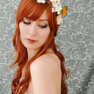 Butterfly floral crown, white flower headband, whimsical wedding head piece, hair accessory Monarch image 5