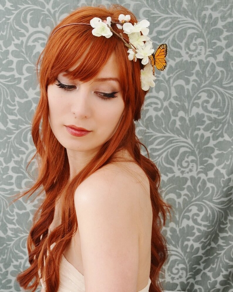 Butterfly floral crown, white flower headband, whimsical wedding head piece, hair accessory Monarch image 5