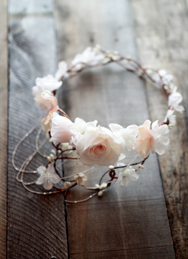 Bridal vine crown, White flower crown, Blush floral circlet, Wedding crown headpiece, Elegant hair wreath, Floral hair bouquet Crown Only image 6