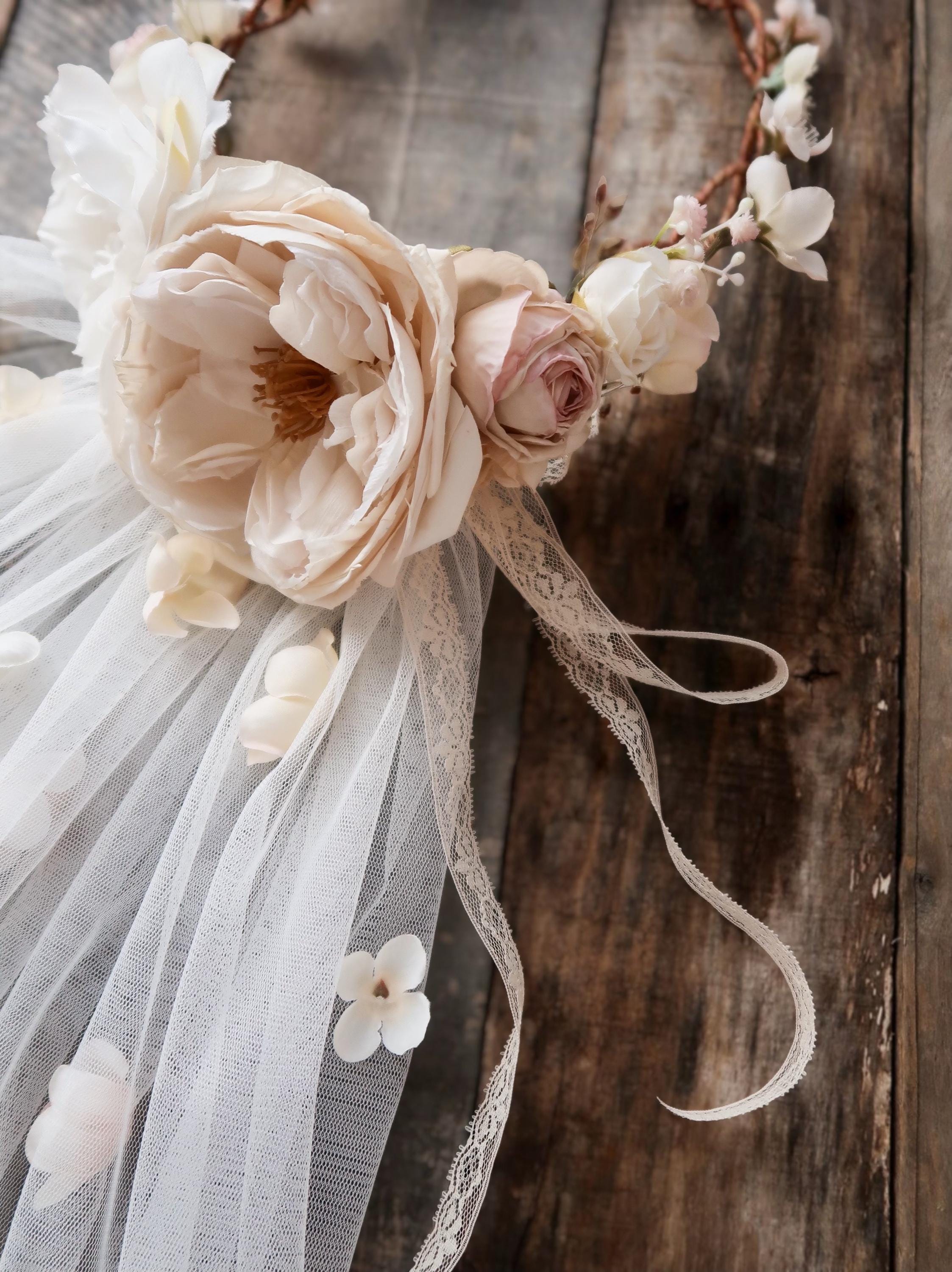 gardensofwhimsy Bridal Flower Crown Veil Bridal Flower Crown Veil, Beige Floral Veil, Cathedral Length Veil,  Woodland Headpiece, Ivory Wedding Veil With Flowers, Boho Bride Veil - Etsy
