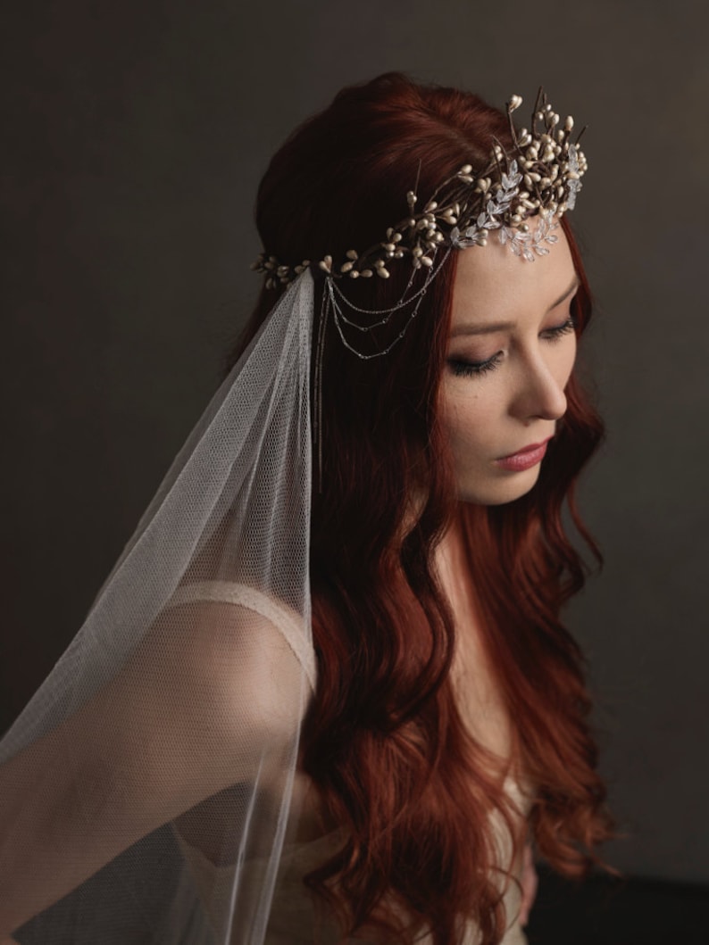Silver Wedding Headpiece Bridal Veil Boho Crown Long Etsy Singapore