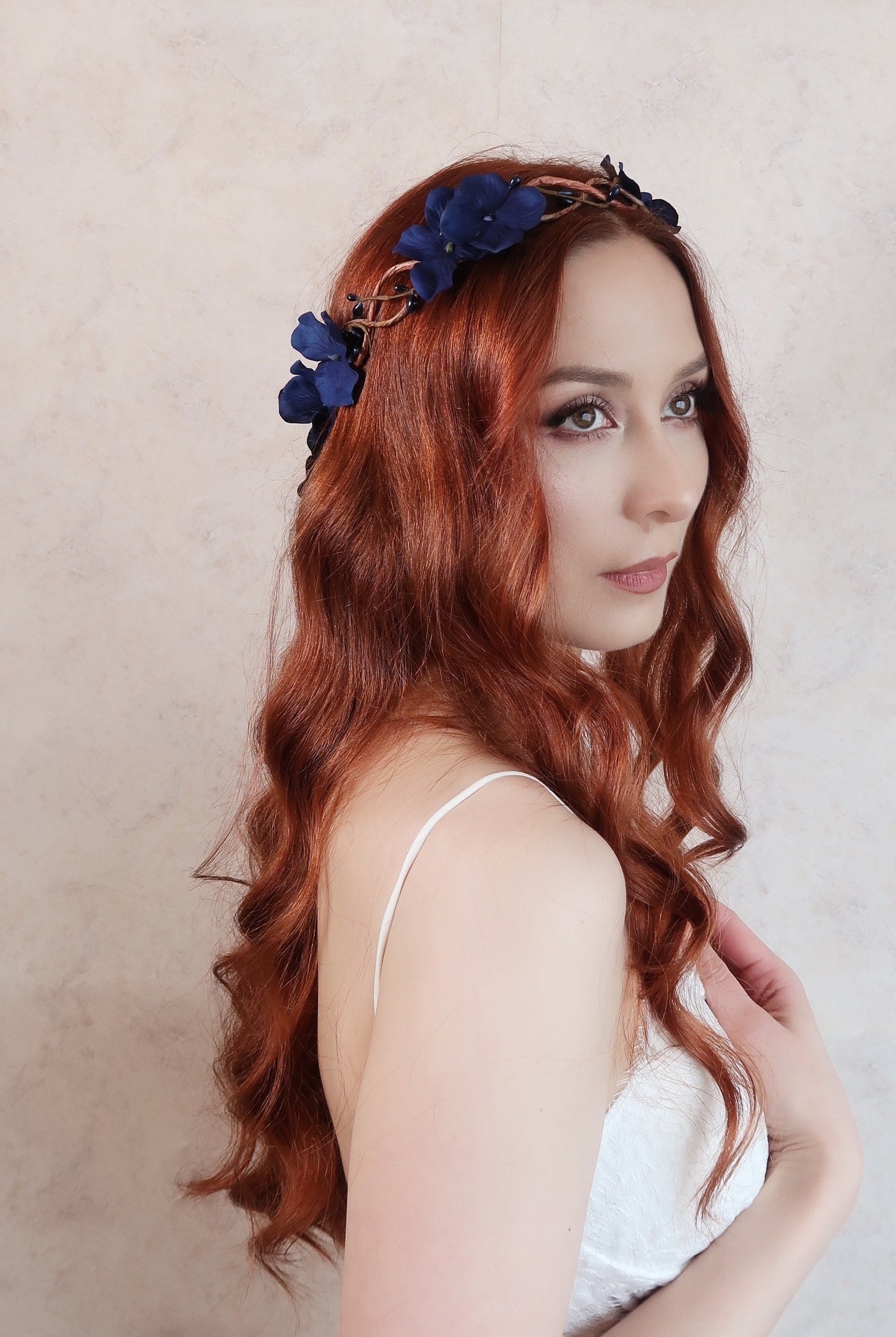 Navy Blue Flower Crown Floral Hair Wreath Bridal Vine Crown Etsy