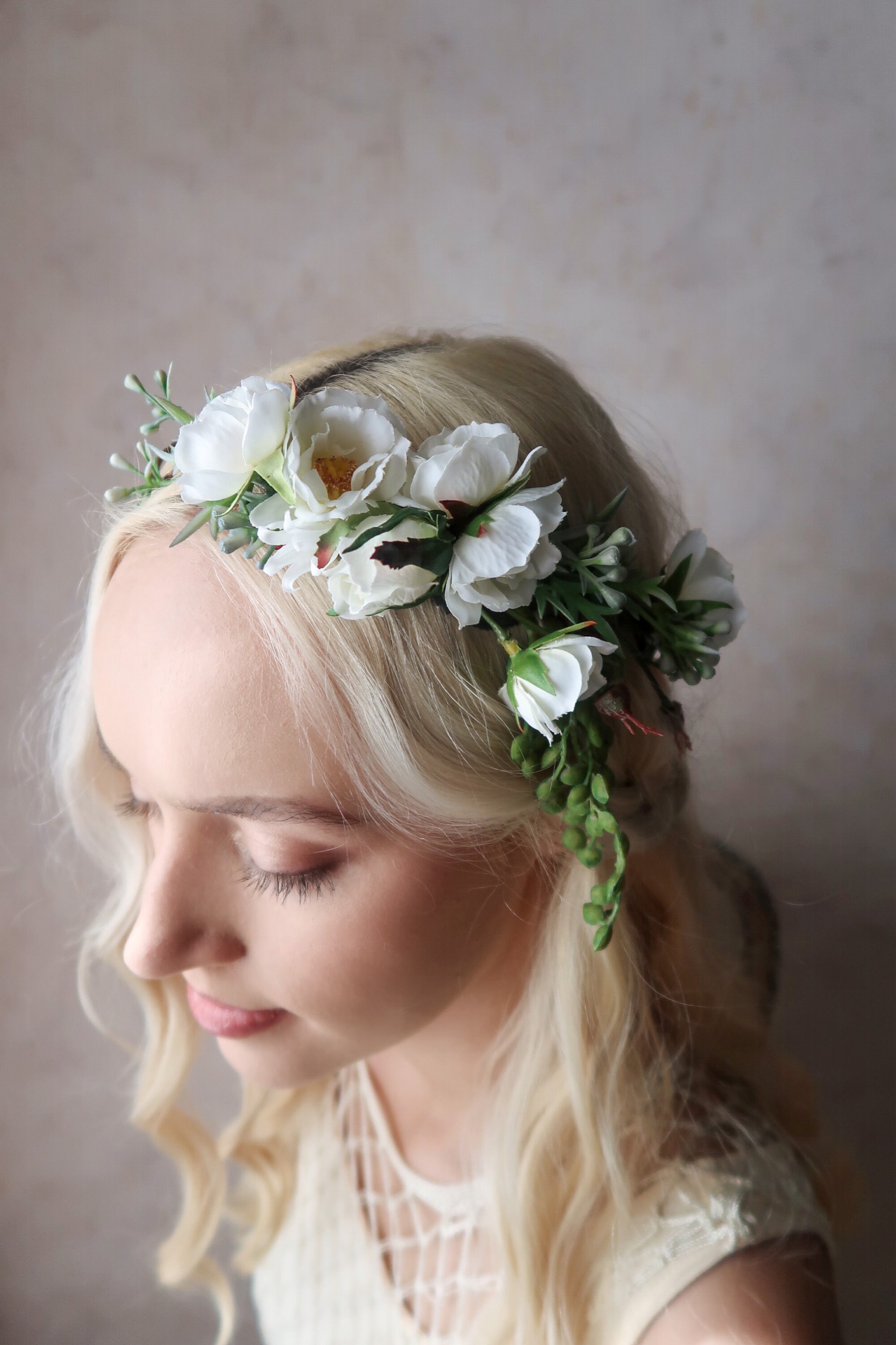 Hazel White Rose Flower Crown Succulent And Floral Etsy Singapore