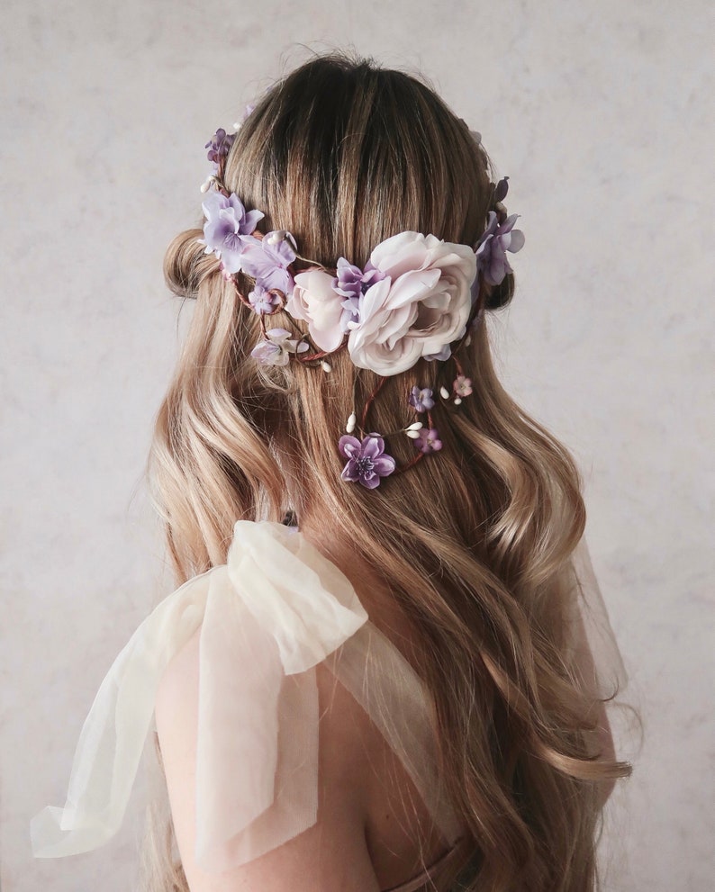 Bridal vine crown, Lavender flower crown, Blush floral circlet, Wedding crown headpiece, Elegant hair wreath, Whimsical hair wreath image 2
