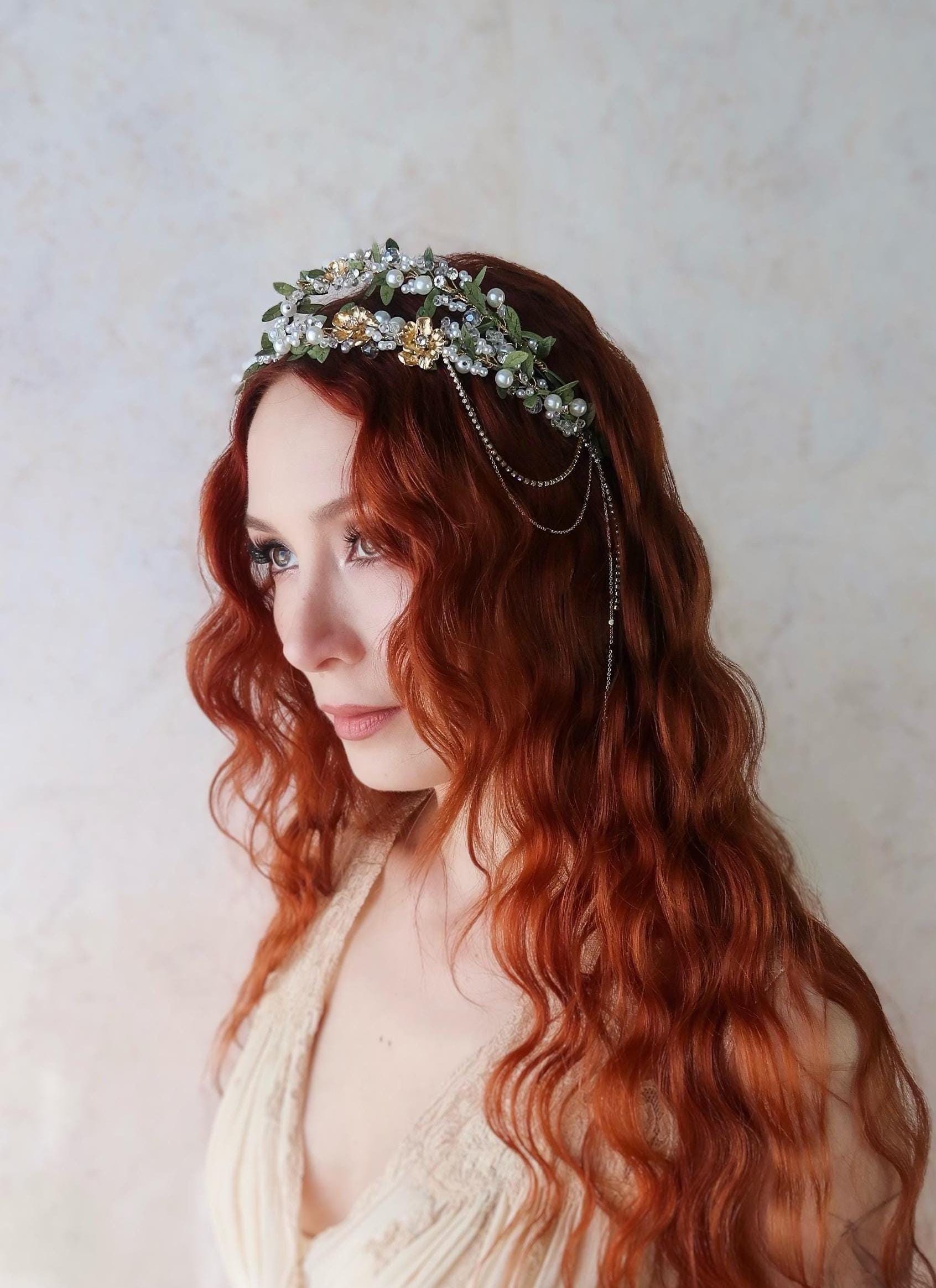 Flower Girl Headpiece Rose Gold Leaf Crystal Tiara for Weddings Proms Ivory and Co Elfin Rose Gold Leaves and Crystal Wedding Tiara main image 3