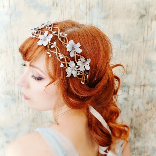 Floral vine crown, blue floral head piece, silver wedding head wreath, bridal hair accessories