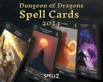 May include: Four Dungeons and Dragons spell cards with illustrations and text. The cards are titled "Sunbeam", "Fount of Moonlight", "Fire Shield", and "Chasmal Force". The cards are from the SPELLZ RPG Cards collection.