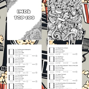 May include: A black and white illustration of a movie clapperboard with the text "IMDb Top 100" on it. The illustration is surrounded by popcorn and other movie-themed doodles.