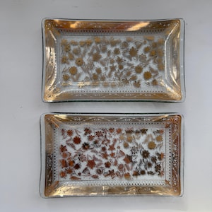Vintage MCM Georges Briard Gold Flower Clear Glass trays set of 2