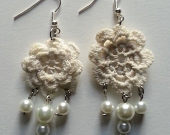 Wild Rose Crocheted Earrings Irish Crochet (Made To Order), Dangling Pearls, Elegant, Vintage Inspired, Silver Plated Earring Hooks