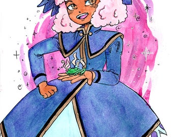 PRINT: Little Witch With Froggie, art print, digital print, witchy woman, POC art, witchcore,