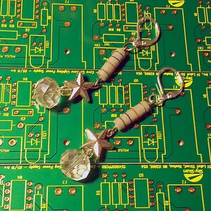 Gray Resistor Earrings Drop style, Swarovsky crystals, Metal Stars, Computer Jewelry, Vintage, upcycled, recycled, nerdy, geeky, gift image 1
