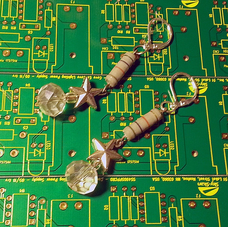 Gray Resistor Earrings Drop style, Swarovsky crystals, Metal Stars, Computer Jewelry, Vintage, upcycled, recycled, nerdy, geeky, gift image 1