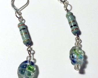 Mint Green Resistor Earrings Drop style, Blue-Green Glass, Computer Jewelry, Seed Beads, Vintage, upcycled, recycled, nerdy, geeky, gift