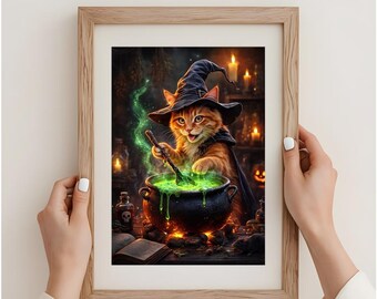 Lámina artística de gato naranja y bruja - El maestro cervecero / Mago felino mágico preparando pociones / Arte mural de gato de fantasía / Decoración de gato brujo / Serie Aquelarre de gatos