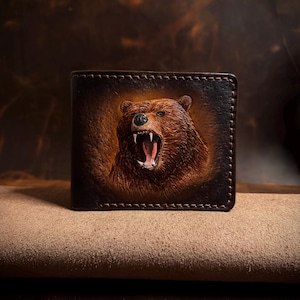 Cartera de cuero, Cartera de oso, Cartera de cuero hecha a mano, Cartera de hombre, Cartera personalizada, Cartera tallada a mano, Cartera de regalo, Cartera hecha a mano