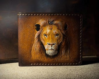 Cartera de cuero, Cartera de león, Cartera de cuero hecha a mano, Cartera de hombre, Cartera personalizada, Cartera tallada a mano, Cartera de regalo, Cartera hecha a mano
