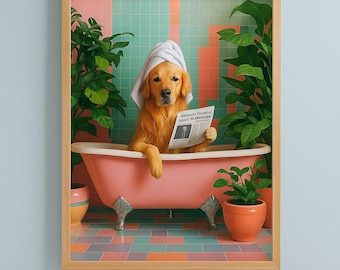 Golden Retriever Funny Bathroom Poster • Dog in Bathtub Wall Art • Digital Download Printable • Quirky Pop Art Decor • Digital Art • Funny
