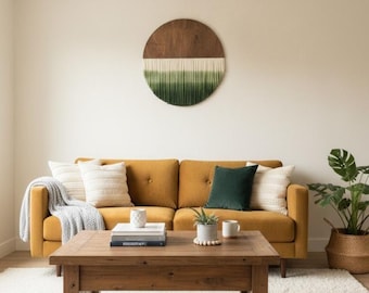 Moosgrüner Wandbehang der Mitte des Jahrhunderts, Dip Dyed-Wandbehang Herbst, Kreisgarn-Wandkunst, Boho Makramee-Wandkunst, grün gewebte Wandkunst