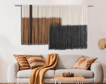 Large Live Edge Macrame Wall Hanging, Large Bohemian Wall Tapestry Art, Black And Brown Harmony Fiber Wall Art, Dip Dye Textile Artwork