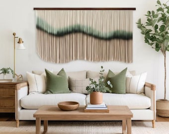 Grüner Wellenfaser-Wandteppich, großer und moderner Makramee-Wandbehang, grüner Dip-Dye-Wandbehang, Wabi Sabi Makramee und gewebte Wandkunst