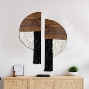 Two Pieces Half Moon Macrame Wall Hanging, Wood & Cotton Fiber Art, Black Fringed Circle Fiber Wall Art, Black And White Round Wall Hanging