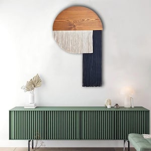 Navy Blue Circle Macrame Wall Hanging, Elegant Half Moon Yarn Art on Wood, Modern Yarn Wall Hanging For Those Who Value Simplicity,