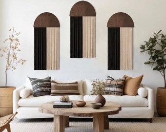 3er-Set Makramee, Boho Halbkreis Seil Quaste Wandbehang, handgefertigter Wandteppich aus Baumwolle, schicke neutral gewebte Kunst,