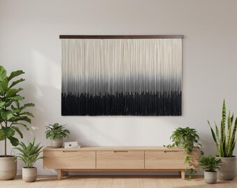 Großer schwarzer Makramee-Wandbehang, schicker und moderner Makramee-Wandteppich, zeitgenössische Faser-Kunstmalerei, moderne personalisierte Farbe Makramee-Kunst