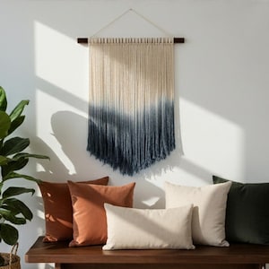 Chic Navy Blue  Dip Dye Macrame Wall Hanging, Small Triangle Woven Wall Art, Blue Macrame Wall Tapestry, Stylish Navy Fiber Wall Art